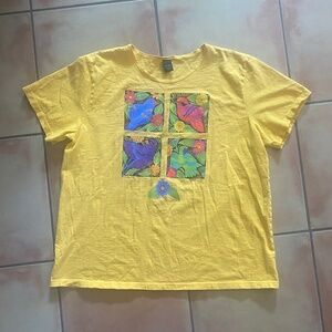 SABAKU Artwear T-Shirt Yellow Birds Short Sleeve Top Size L
